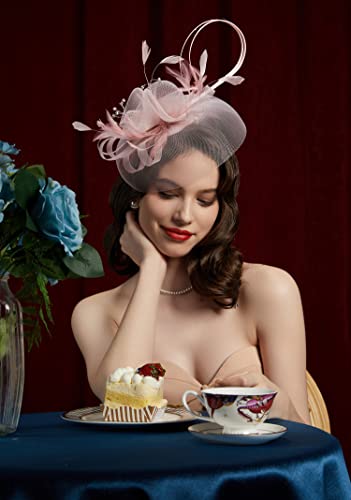 Cizoe Tea Party Fascinator Hats And Gloves For Womens 50S Headwear With Veil Flower Cocktail Wedding Church Kentucky Derby Hat(0B-Blush Pink) #TOP2