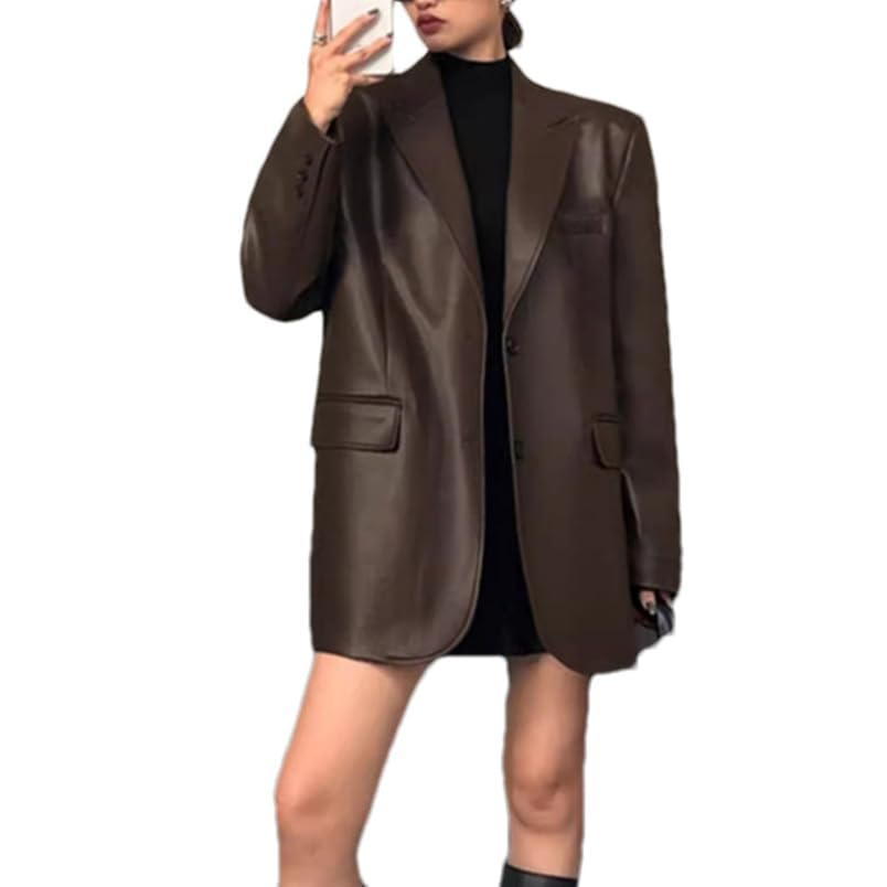 Autumn Black Brown Soft Pu Leather Blazer Women Shoulder Pads Long Sleeve Single Breasted Loose Casual Coat