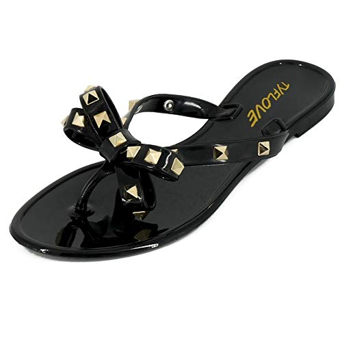 TYFLOVE Women Rivet Flip Flops Studded Jelly Thong Sandals with Bow Summer Bowtie Flat Beach Rain Shoes4