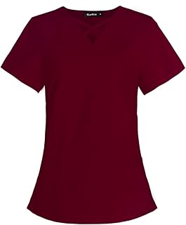 Women Scrubs Top Workwear Stretch V-Neck Professionals Medical Uniforms with Pocket (Burgundy,L,Large)