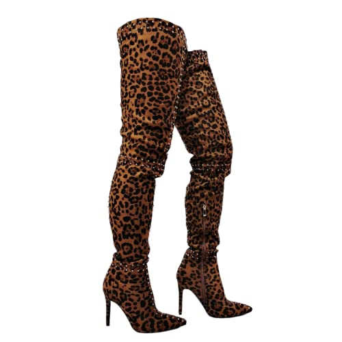 Frankie Hsu Punk Stiletto Over Knee Boots, Leopard Print Faux Suede Leather Silver Rivets High Heels Thigh Styles, Fashion Big Large Size Designer Tight Long Tall Shoes For Women Men