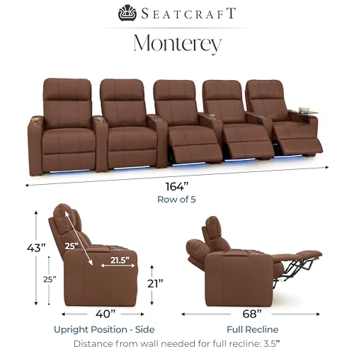 Image of Seatcraft Monterey Home Theater Seating Tobacco Row of 5 | Italian Leather, Wall Hugger, Zero Gravity, Powered Headrest, Power Recline, Zero Gap, USB charging