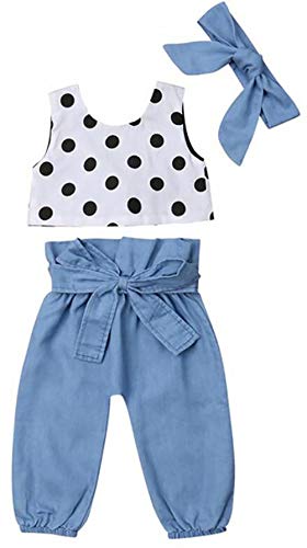 Baby Girls Polka Dot Print Solid Vest Tops+Denim Elastic Waist Pants+Headband Outfit 3Pcs Set Size 18-24 Months/Tag100 (White)