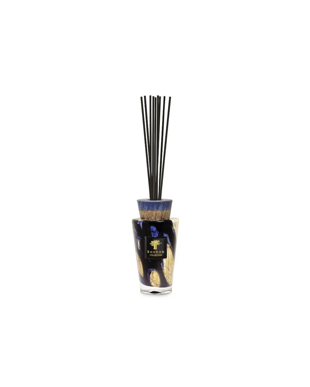 Baobab Collection Totem Lazuli - Difusor de Varillas de cerámica Azul y Dorado, Fragancia de almizcle cardamomo y Sal Marina, 250 ml con Varillas Negras