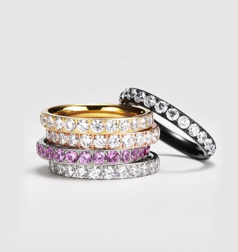 TIGRADE 3mm Women Titanium Engagement Ring Cubic Zirconia Eternity Wedding Band Size 3-13.5, Purple Pink, Size 10