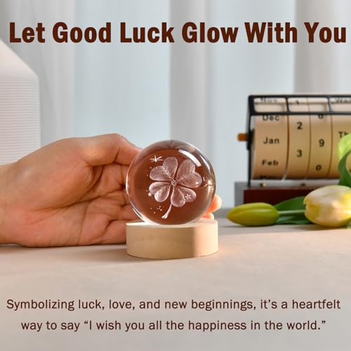 Image of 3D Four-Leaf Clover Crystal Ball 60mm Good Luck Gifts Ideas for Her Him | Decorative Glass 4-leaf Clover Globe with Multicolor Lighting Base St Patricks Day Gifts for Women Men Room Decor