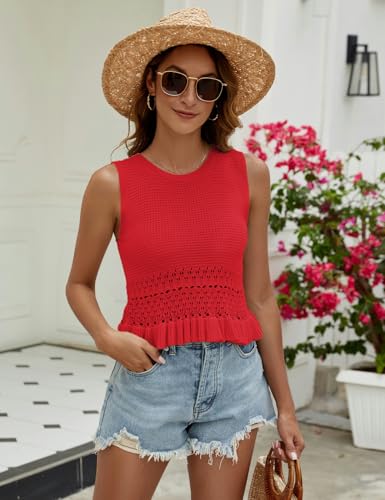 Image of VIMPUNEC Womens Crochet Crop Tank Tops Sleeveless Knit Sweater Vest Ruffle Hem Summer Top