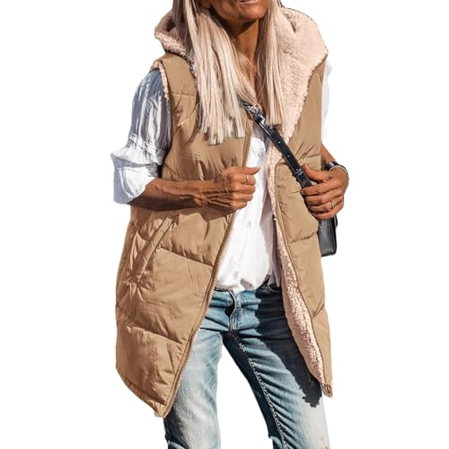 Women's Long Puffer Vest Fall Zip up Reversible Fleece Jackets Winter Warm Sleeveless Hooded Coat with Pockets