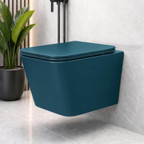 Image of Plantex Rimless Washdown Flushing /Imported Ceramic Wall Hung Commode for Toilet /Western Commode with Soft Closing Toilet Seat - P Trap - (Pine Blue)