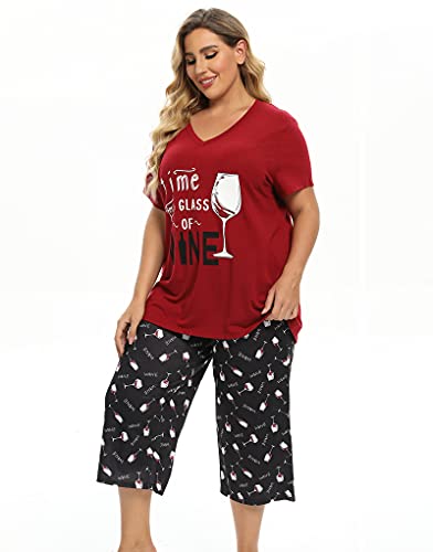 Image of Vozanet Women's Pajamas Set Soft V Neck Sleepwear Top and Capri Pj Lounge Sets Cartoon Heart Shape Cat Nighty Plus Size
