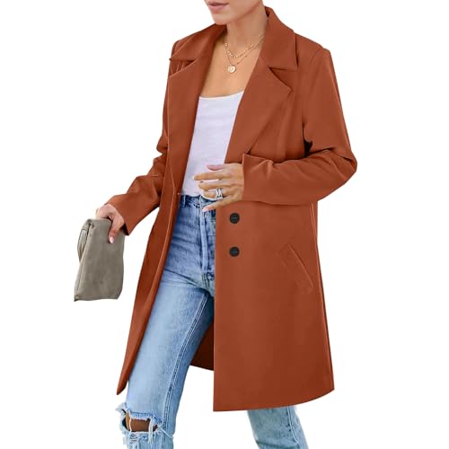 Image of Long Peacoat Women Trendy Lapel Collar Coat Aesthetic Double Breasted Trench Coats Comfy Open Front Button Down Coats Winter Plus Size Peacoat Outerwear Cute Fall Coat with Pockets Light Brown 4XL
