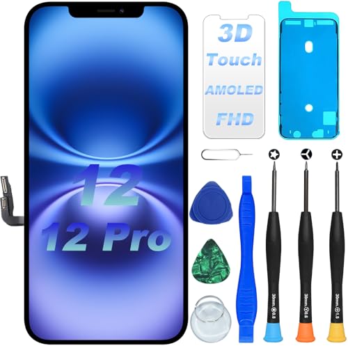 DIGI4U Pantalla para iPhone 12/iPhone 12 Pro, 6,1 Pulgadas 𝟯𝑫 𝑻𝒐𝒖𝒄𝒉 𝑻𝒓𝒖𝒆𝑻𝒐𝒏𝒆 𝑭𝒂𝒄𝒆 𝑰𝑫 Pantalla OLED para iPhone 12/iPhone 12 Pro Digitalizador táctil con Herramientas de reparación