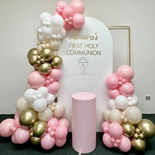 Image of First Communion Balloon Garland Kit 153Pcs, Girl Baptism Balloon, First Holy Communion Decorations, Different Size Pink Gold White Balloon for First Holy Communion Baptism Theme Party Decor