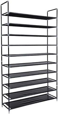 dtemple 10 Tiers Shoe Rack Non-Woven Fabric Steel Pipes Portable Shoe Tower Organizer 39.37 x 11 x 70.87 | US Stock