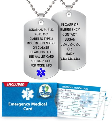 Universal Medical Data Emergency Alert Necklace for Men & Women – Blue Star of Life, Laser Engraved Dog Tag, 18 Lines, Stainless Steel Medical Alert Necklace – Emergency Card & PHR Access – Stainless