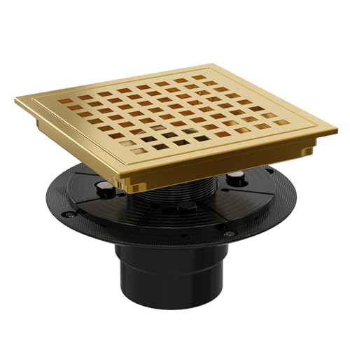 Heaorld Square Shower Drain 6 Inch with Flange, Brushed Gold Tile Shower Floor Drain Kit 304 Stainless Steel, Removable Grid Grate and Hair Catcher by Heaorld - Used condition - US$29.55