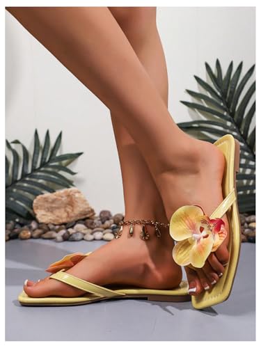 Image of GORGLITTER Women's Flower Flat Sandals Cute Square Toe Flip Flops Thong Dressy Vacation Summer 2026 Slides Shoes