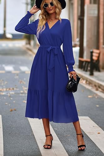 Image of PRETTYGARDEN Women's Floral Boho Dress Fall Long Sleeve Wrap V Neck Ruffle Flowy Maxi Spring Wedding Guest Vacation Dresses