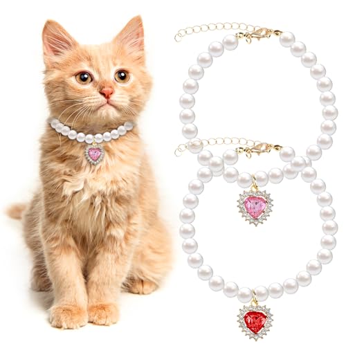 Tyqour 2PCS Pearl Cat Collar Cute Girl Cat Collar, Adjustable Pearl Dog Cats Collars with Small Heart Shape Rhinestone Fancy Dog Pearl Necklace Collars for Small Dogs and Cats, Pink + Red