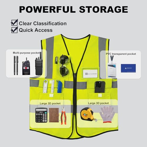 Image of 10 Pack Reflective Safety Vests with Pockets & Zipper, High Visibility Yellow Construction Vest for Men Women, Durable ANSI Class 2 Work Vest Strips Vests for Outdoor Work