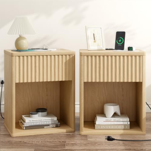 Image of Fluted Nightstands Set of 2 w /Charging Station, Wooden End Table Bed Side Table with Curved Drawer, Mid Century Modern Fluted Night Stand with Rounded Edge for Bedroom, Living Room Sofa, Nature Oak