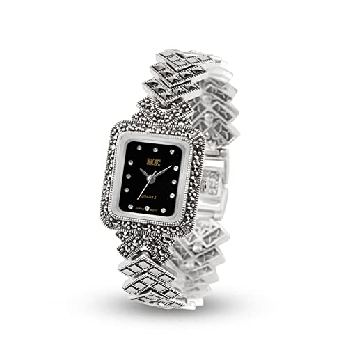 Jadeangel Sterling Silver Wristwatch 925 Silver Bracelet With Marcasite Luxury Vintage Jewelry (Black) #TOP5