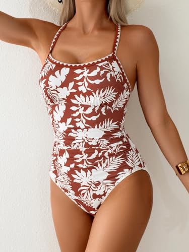 Image of Eomenie Women's One Piece Swimsuit Tummy Control Slimming Bathing Suit Ruched Swimwear Tie Back Shell Stitch Swim Suit