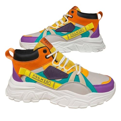 Faux Leather Colorblock Y2K High Top Sneakers with 2 Inch Platform Casual Streetwear Skate Shoes for Daily Wear Concert Travel Unique Unisex Chunky Style (Multicolor,9)