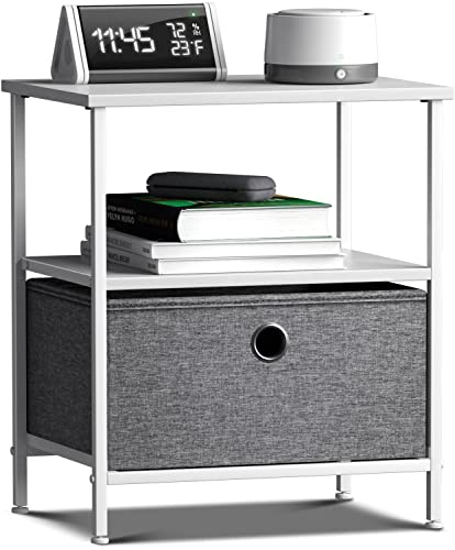 Sorbus Nightstand 1-Drawer Shelf Storage- Bedside Furniture & Accent End Table Chest for Home, Bedroom, Office, College Dorm, Steel Frame, Wood Top, Easy Pull Fabric Bins (White/Gray)