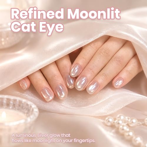 Image of Beetles Moonlit Veil Clear Cat Eye Gel Nail Polish - 15ML Full Size Moonlight White Silver Cat Glitter Gel Polish Shimmer Translucent Sheer Glass Magnetic Color Soak Off UV Salon DIY at Home Gifts