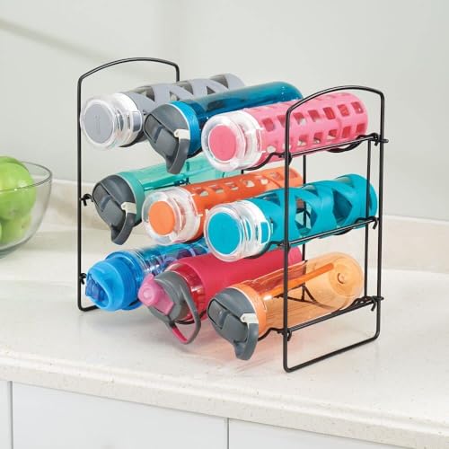 Image of Metal Water Bottle Rack Storage Organizer for Kitchen Countertops, Pantry, Fridge - Stores Wine, Beer, Pop /Soda - 3 Levels, Each Holds 9 Bottles, Free-Standing (Black)
