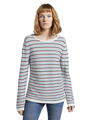 TOM TAILOR Damen Basic Strickpullover aus Bio-Baumwolle, 26249 - Peach Multicolor Stripe, L – Ansicht 1