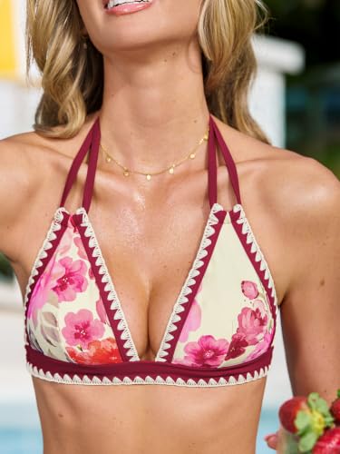 Image of CUPSHE Women's Two Piece V Neck Halter Bikini Sets Stitching Swimsuit | Back Hook,Side Cutout,Cheeky Bottom,Soft Removable Cups,Double Straps,Flattering Bathing Suit For Vacation And Beach