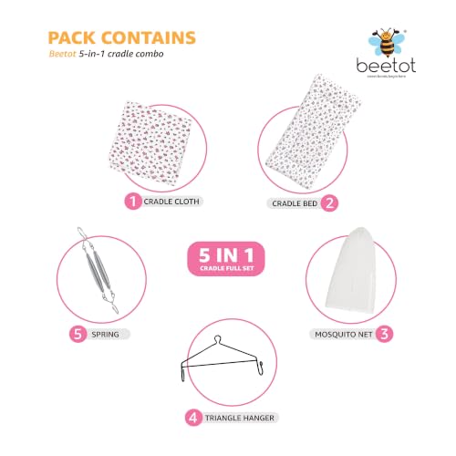 Image of Premium Swing Cradle Set | Cradle Cloth, Padded Bed, Mosquito Net, Heavy-Duty Spring & Triangle Hanger | Up to 15 kg | Floral Pink