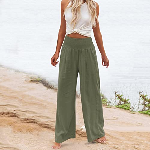 High Elastic Waist for Women Wide Straight Leg Solid Color Daily Long Trousers Casual Lightweight Summer Comfort W-2963