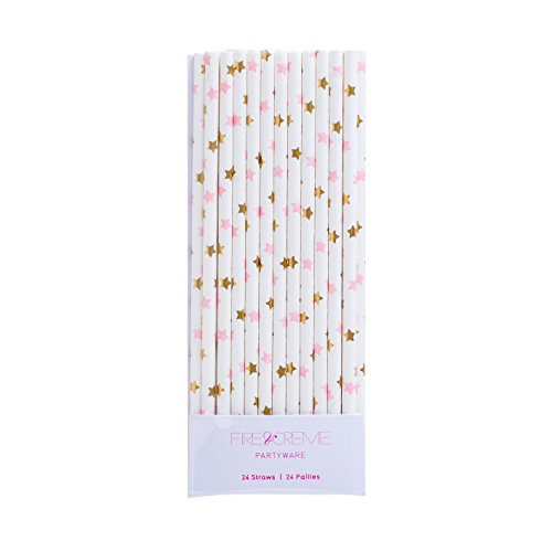 Fire and Creme Stars Foiled Party Paper Straws Gold Pink White - Pack of 24