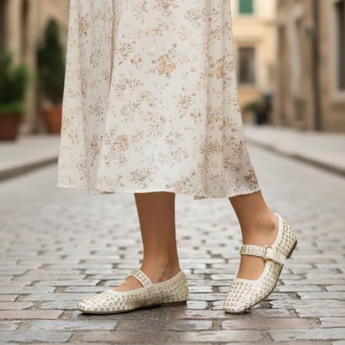CUSHIONAIRE Princess Women’s Bling Studded Mary Jane Flats – Elegant Buckle Strap Shoes with Memory Foam2