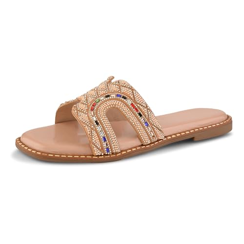 Image of Centrino Women's Beaded Flat Sandals | Stylish Gold Crystal Slip-On with Ornate Cutout Design | Soft Cushioned Footbed |Elegant & Trendy Open Toe Slip-On | Luxury Footwear for Wedding /Party (9301)