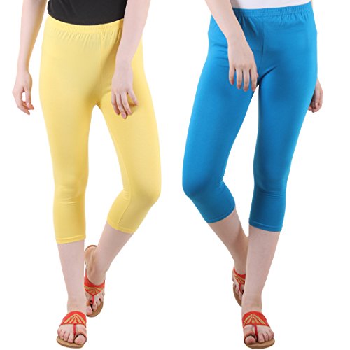 Image of DIAZ Women Cotton Stretchable Capri | Slim /Regular Fit | Breathable Yoga, Gym & Lounge Wear | High-Waist Stretchable 3 /4 Length Leggings with Wide Waistband - Pack of 2