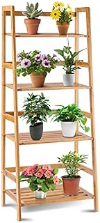 COSTWAY 4 Tier Bamboo Plant Stand, Ladder Flower Pots Holder with Rear Bar and Slatted Tier Design, Freestanding Corner Storage Display Shelf Rack for Indoor Outdoor