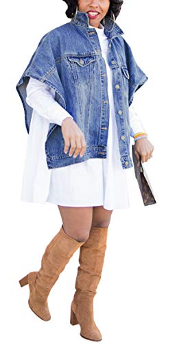 Womens Casual Plus Size Short Sleeve Button Down Cycling Biker Outwear Vests Capes Trench Coats Destroyed BF Denim Jeans Washed Tops Shirt Blouses Jackets Blue XL