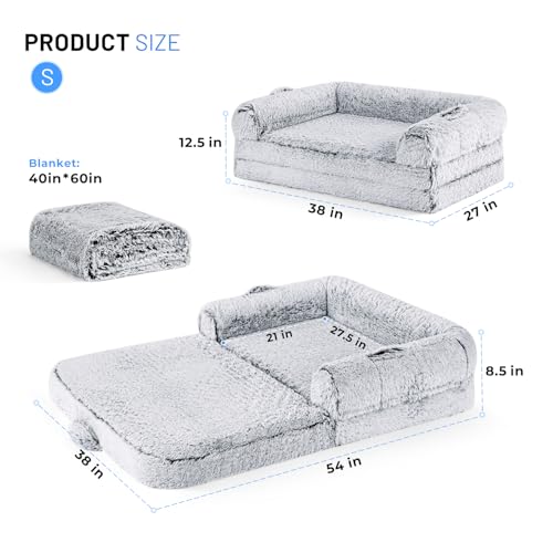 Human Dog Bed for Kids, 2 in 1 Foldable XL Bed for People Fits Pet Families, Orthopedic Calming Memory Foam Dog Sofa, Faux Fur Human Size Pet Bed with Blanket, 54"x38"x8.5", Grey
