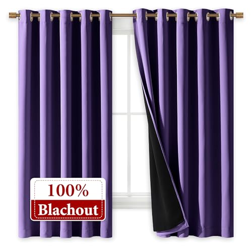 Image of NICETOWN 100% Blackout Curtains with Black Liners, Thermal Insulated Full Blackout 2-Layer Lined Drapes, Energy Efficiency Window Draperies for Bedroom (Lilac Purple, 2 Panels, 70-inch W by 63-inch L)