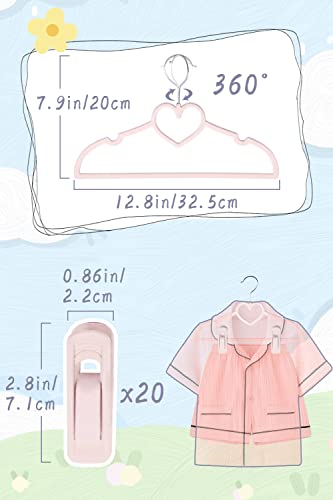 Kids Pink Velvet Clips Hangers - 13Inch 50 Pack Toddler Hanger With 20Pcs Movable Clips, Stackable Non-Slip Heart Flocked Hangers Fit For Baby And Children Clothes, Heavy-Duty And Space-Saving(Silver) #TOP2