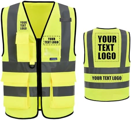A-SAFETY Custom Logo Safety Vest - ANSI Class 2 High Vis Vest with Zipper & Pockets, Reflective Construction Gear (Yellow, L)