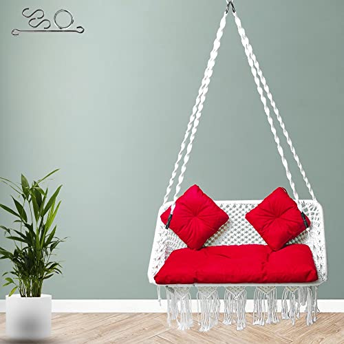 Image of Patiofy Premium Double Seater Swing / 2 Seater Swing for Balcony /Double Seater Swing Chair /Swing for Adults for Home for 2 People /Includes Large Red Sitting Cushion & 2 Small Back Cushion (White)