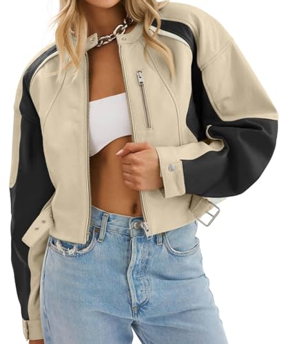 Tankaneo Womens Faux Leather Bomber Jackets Cropped Zip Up Color
