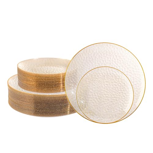 Lullaby 100PCS Clear Plastic Plates with Gold Rim, Includes 50pcs Dinner Plate 10” and 50pcs Dessert Plate 7”, Disposable Heavyduty Plates for Birthdays, Parties and Wedding Lullaby 100PCS Clear Plastic Plates with Gold Rim, Includes 50pcs Dinner Plate 10” and 50pcs Dessert Plate 7”, Disposable Heavyduty Plates for Birthdays, Parties and Wedding