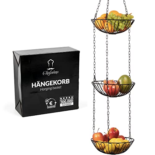 Chefarone Corbeille de fruits suspendue avec crochet au plafond 130CM - Crochet de cuisine pour plus d'espace sur votre plan de travail - Corbeille de fruits cuisine - Noir