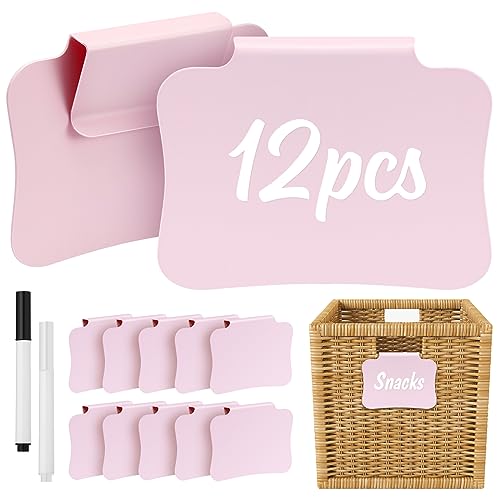 12PCS Basket Labels Clip On for Storage Bins, Removable & Erasable Bin Labels Clips On, Laundry Kitchen Pantry Labels for Organizing Baskets Cube Box (Pink)